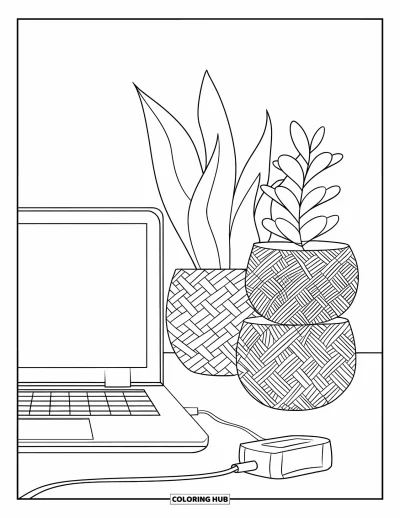 Coloriage de laptop pour enfants : Installation avec laptop, chargeur et paniers tressés formant un coin tech apaisant