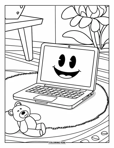Coloriage de laptop pour enfants : Laptop avec visage souriant et ours en peluche sur un tapis près d'un pot de fleurs