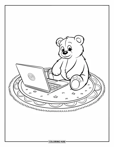 Coloriage de laptop pour enfants : Laptop souriant sur un tapis fleuri avec un ours en peluche à côté