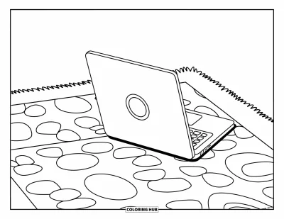 Coloriage de laptop pour enfants : Laptop avec logo rond sur un tapis moelleux avec des formes rondes ludiques