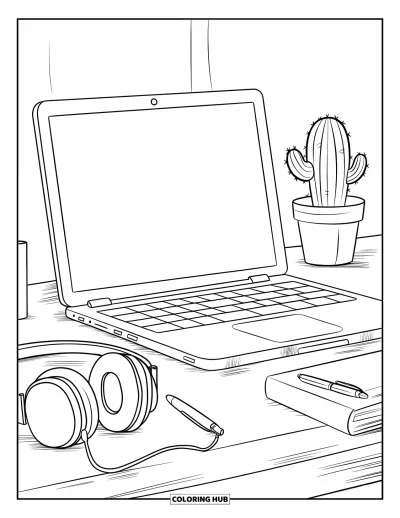 Coloriage de laptop pour enfants : Laptop avec casque audio et livres contre un mur blanc