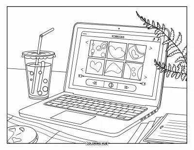 Coloriage de laptop pour enfants : Laptop avec application musicale, boisson glacée et un petit pot de fougère