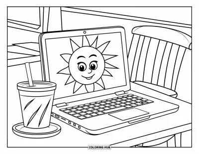 Coloriage de laptop pour enfants : Laptop avec écran soleil près d'une boisson chaude et d'un fauteuil confortable