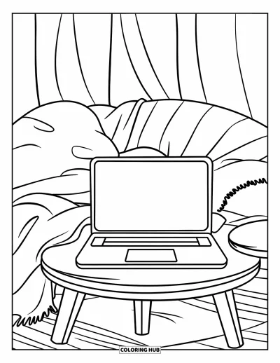Coloriage de laptop pour enfants : Table basse avec laptop, coussin et couverture dans un espace simple et confortable