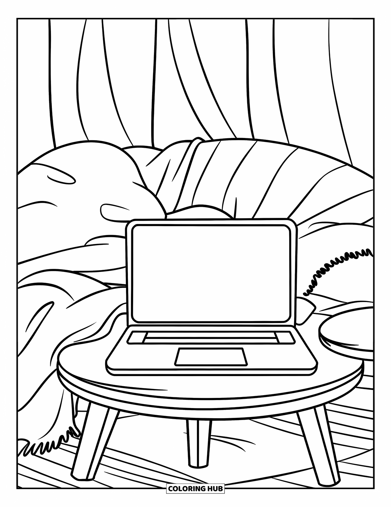 Laptop Coloring Page for Kids: Low table holds a laptop, pillow, and blanket in a simple cozy space