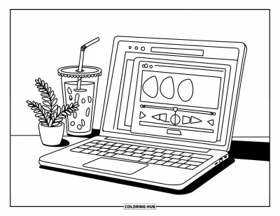 Coloriage de laptop pour enfants : Une application musicale joue sur un laptop à côté d'une boisson glacée et d'une fougère