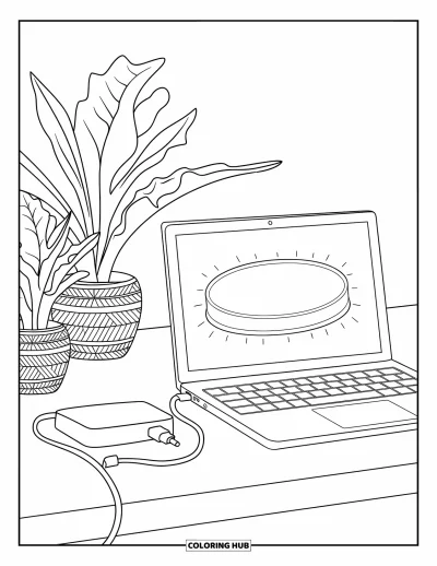 Coloriage de laptop pour enfants : Espace de travail serein avec laptop lumineux et plantes empilées dans des paniers tressés