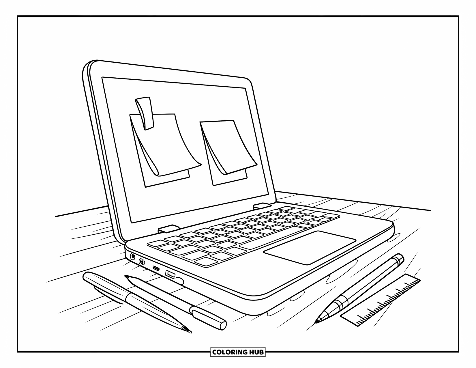 Laptop Coloring Page for Kids: Simple laptop setup with sticky notes, ruler, and writing tools