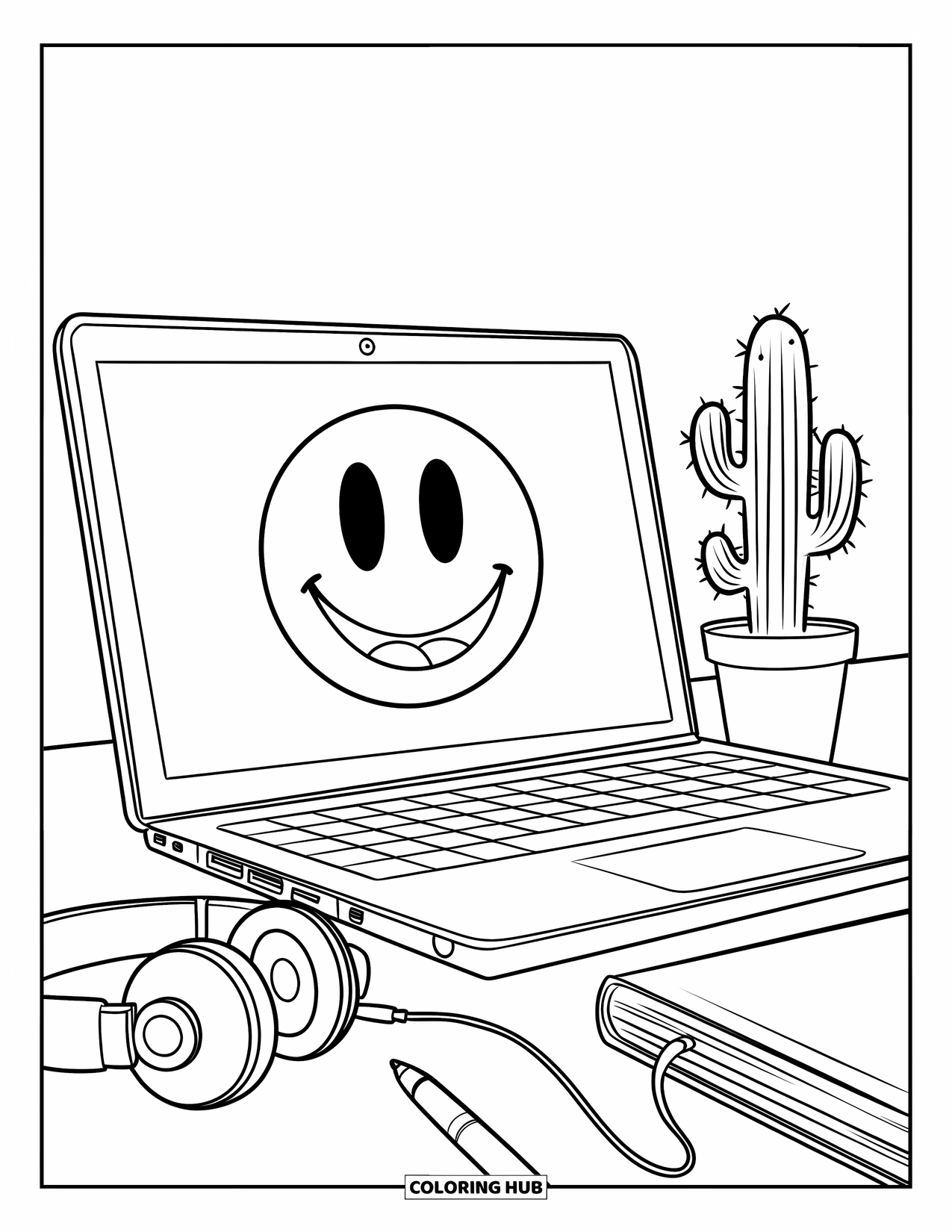 Laptop Coloring Page for Kids: Smiley face on a laptop screen with cactus, pen, and book