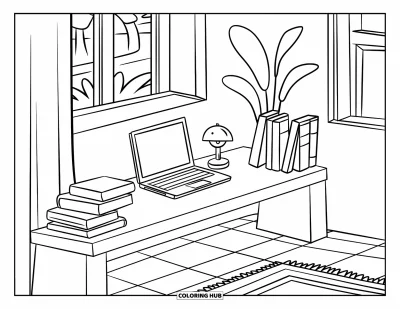 Coloriage de laptop pour enfants : Coin étude avec laptop, livres, plante et petite lampe de bureau