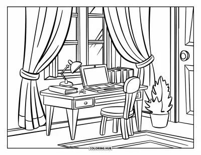 Coloriage de laptop pour enfants : Coin étude avec laptop et livres près d'une plante et d'une fenêtre avec rideaux
