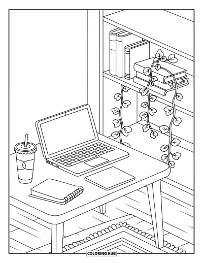Coloriage de laptop pour enfants : Table d'étude avec laptop, boisson, cahier et liane retombant de l'étagère