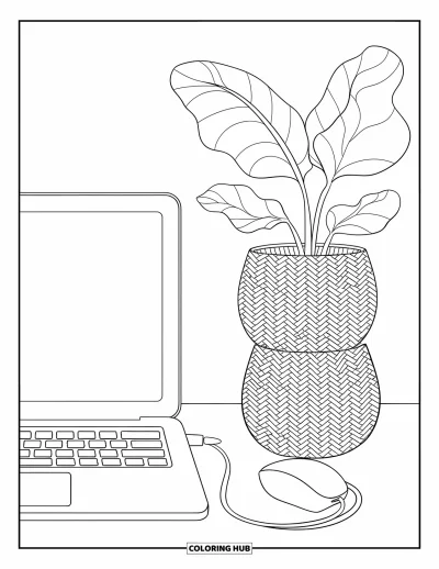 Coloriage de laptop pour enfants : Coin tech avec laptop, chargeur et deux plantes empilées dans des paniers tressés