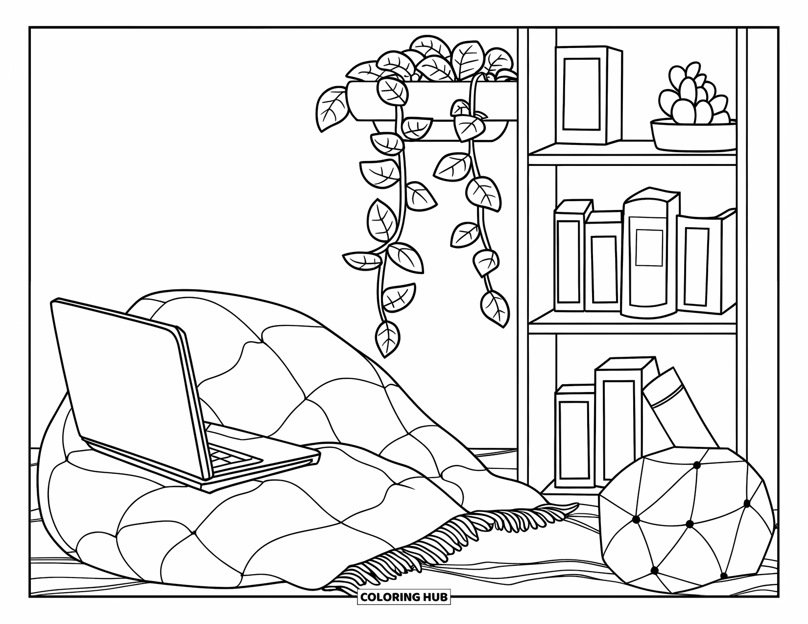 Laptop Coloring Page for Kids: Teen chill zone with laptop, blanket, and bookshelf under a hanging plant