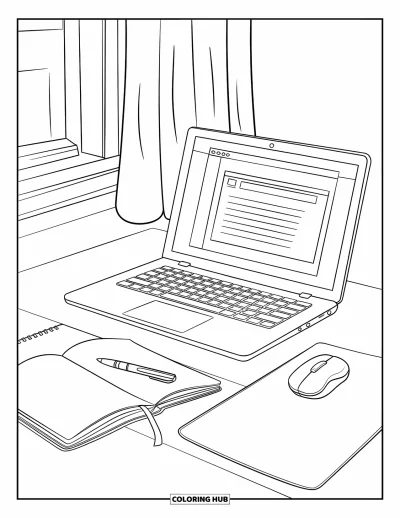 Coloriage de laptop pour enfants : Bureau rangé avec laptop, cahier, stylo et souris près d'une fenêtre avec rideaux