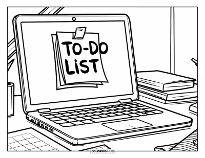 Coloriage de laptop pour enfants : Liste de tâches sur l'écran du laptop entourée de fournitures de bureau