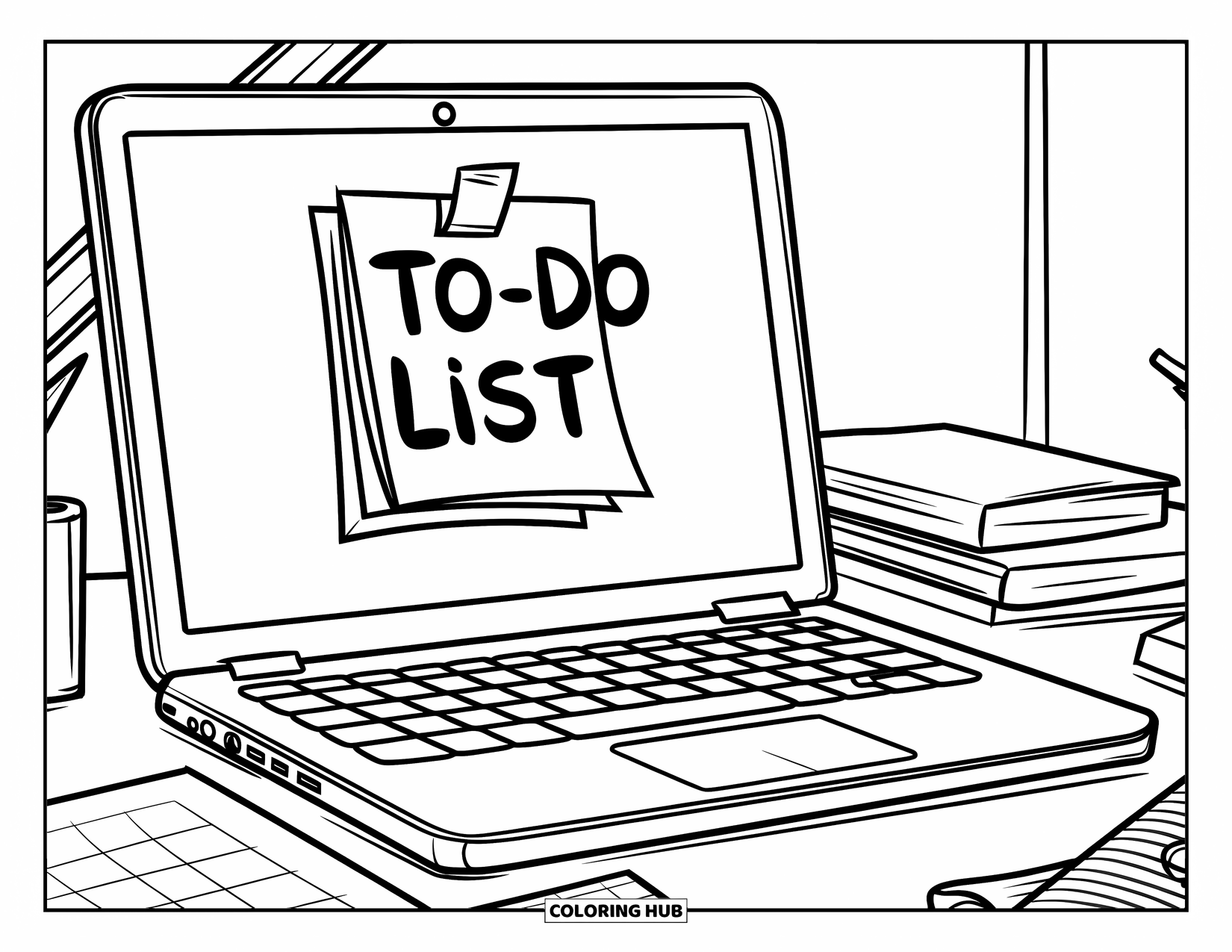 Laptop Coloring Page for Kids: To-do list on laptop screen with desk supplies around