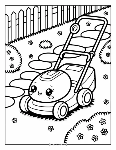 Coloriage de tondeuse à gazon pour adultes : Une tondeuse joyeuse se repose près de buissons et de feuilles le long d'un sentier de jardin