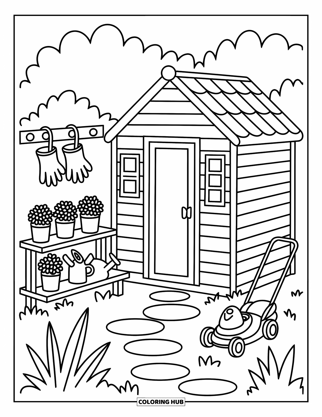 Lawn Mower Coloring Page for Adults: A cozy garden shed with mower, pots, gloves, and stepping stones invites a sunny stroll