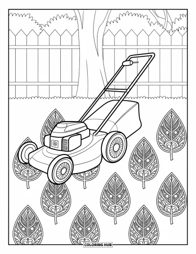 Coloriage de tondeuse à gazon pour adultes : Une cour avec une tondeuse à guidon et des feuilles de mandala détaillées près d'un arbre et d'une clôture