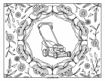 Coloriage de tondeuse à gazon pour adultes : Une tondeuse vue en entier, entourée de fleurs, de feuilles et de motifs de mandala détaillés