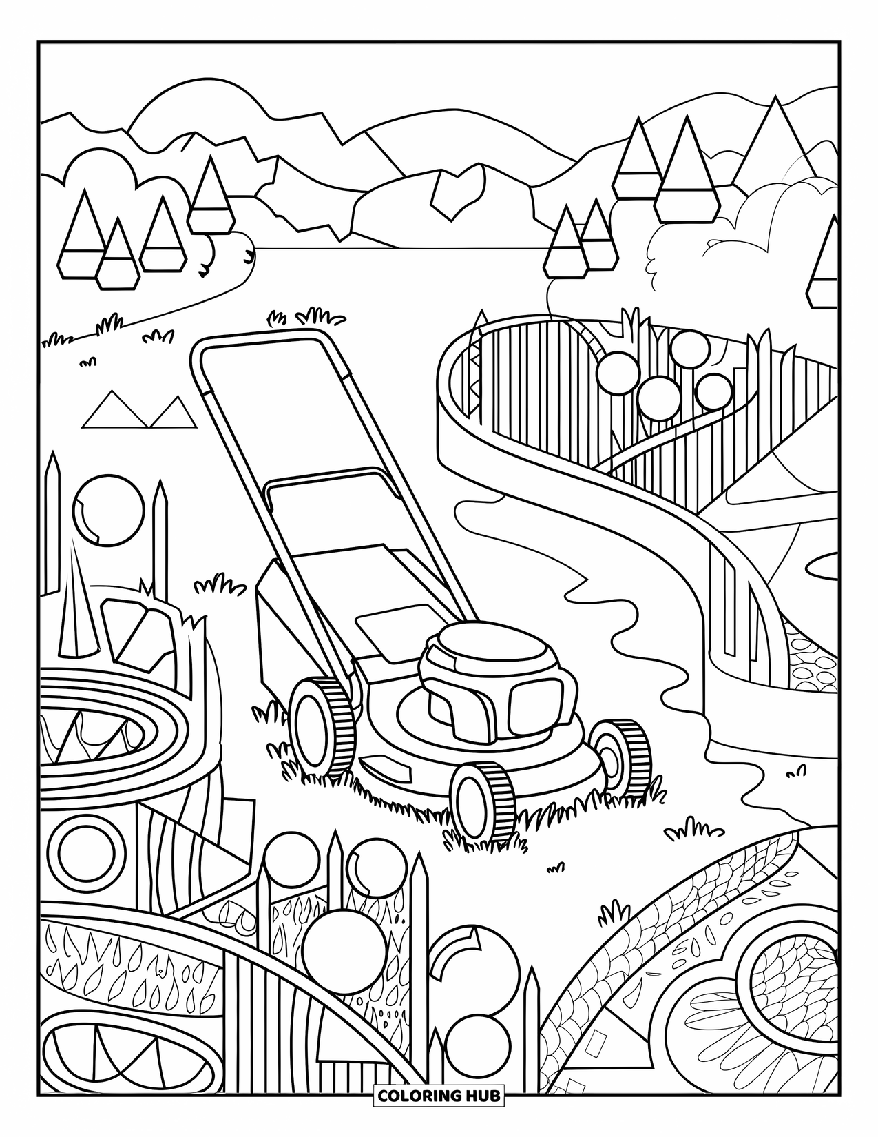 Lawn Mower Coloring Page for Adults: A lawn mower is parked in a garden with geometric shapes and curved lines in the grass