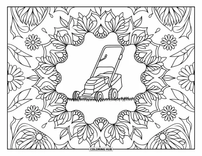 Coloriage de tondeuse à gazon pour adultes : Une tondeuse se repose sur un champ herbeux encadré de motifs floraux et de feuilles de mandala