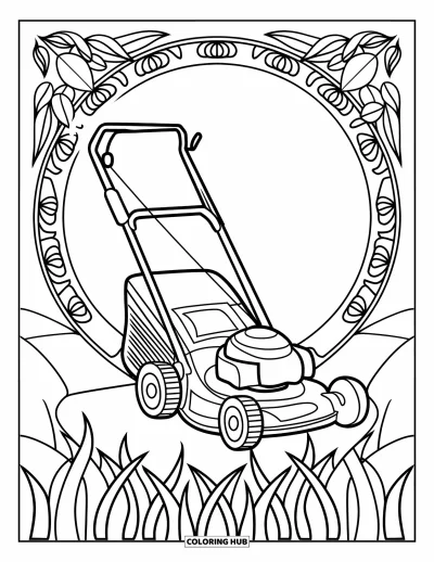 Coloriage de tondeuse à gazon pour adultes : Une tondeuse est installée dans un cercle entouré d'herbe à motifs et d'une bordure de jardin