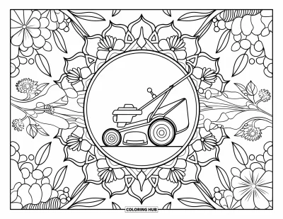 Coloriage de tondeuse à gazon pour adultes : Une tondeuse aux détails prononcés est encadrée par des fleurs, des lianes et des motifs de mandala symétriques