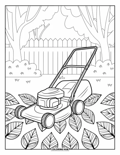 Coloriage de tondeuse à gazon pour adultes : Une tondeuse est entourée de feuilles et d'arbres en motifs de mandala dans une cour accueillante