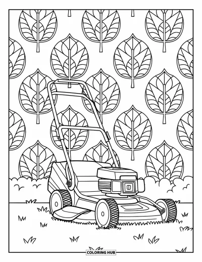 Coloriage de tondeuse à gazon pour adultes : Une tondeuse à guidon en bois se dresse sur la pelouse, entourée de feuilles en motifs de mandala