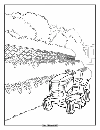 Coloriage de tondeuse à gazon pour adultes : Une tondeuse autoportée est garée près d'un parterre de fleurs et d'un treillage avec des plantes et des arbres alentour