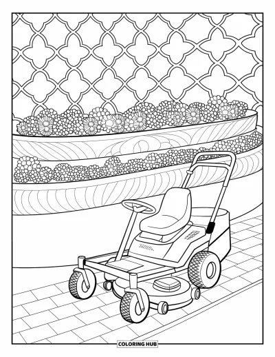 Coloriage de tondeuse à gazon pour adultes : Une tondeuse autoportée est garée sur un chemin pavé à côté de fleurs étagées et d'un treillage à motifs