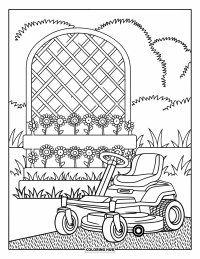 Coloriage de tondeuse à gazon pour adultes : Une tondeuse autoportée se repose près de massifs de fleurs superposés et d'un treillage en treillis dans un champ verdoyant