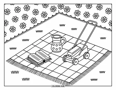 Coloriage de tondeuse à gazon pour adultes : Une tondeuse miniature se repose près d'une haie avec une couverture, un livre et des pétales éparpillés