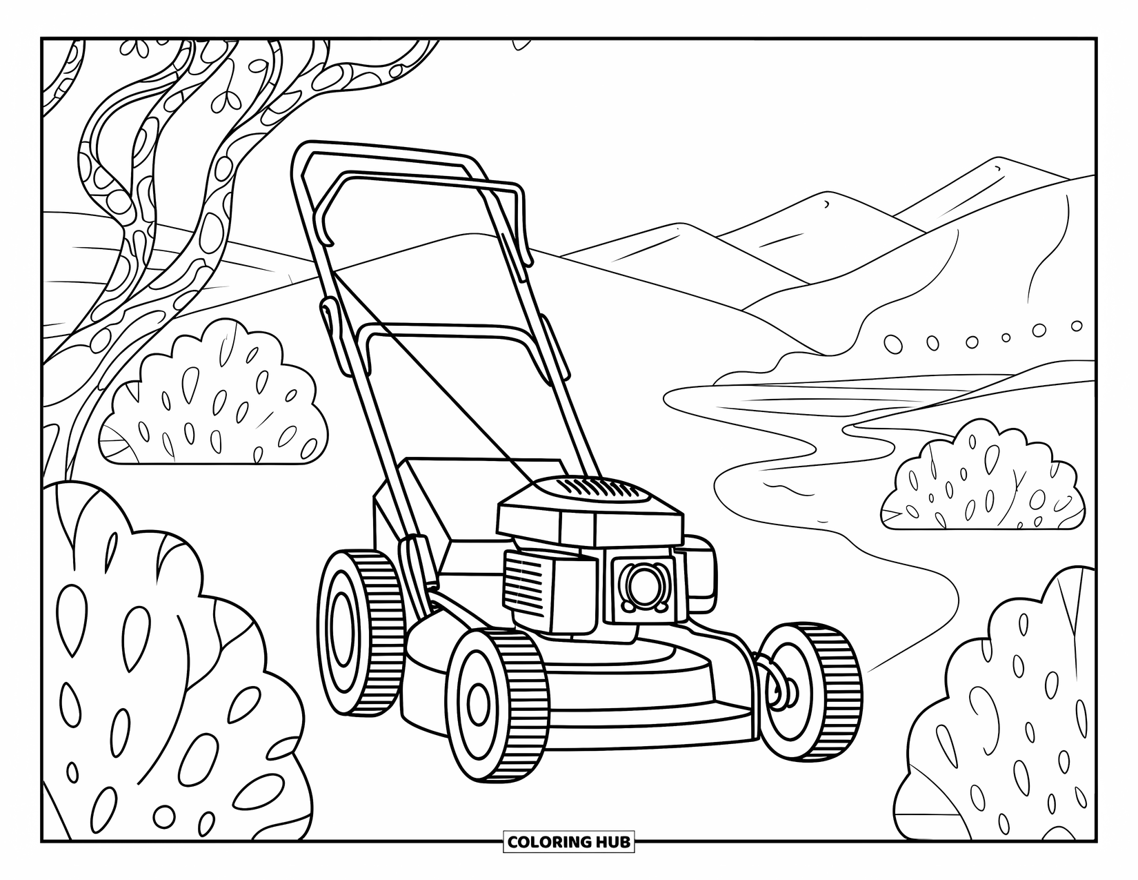 Lawn Mower Coloring Page for Adults: A vintage lawnmower sits peacefully in a scenic landscape with trees and hills