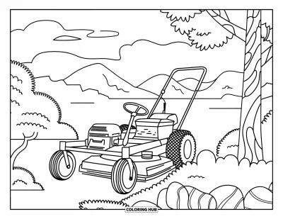 Coloriage de tondeuse à gazon pour adultes : Une tondeuse vintage est entourée d'arbres, de montagnes et d'un plan d'eau serein