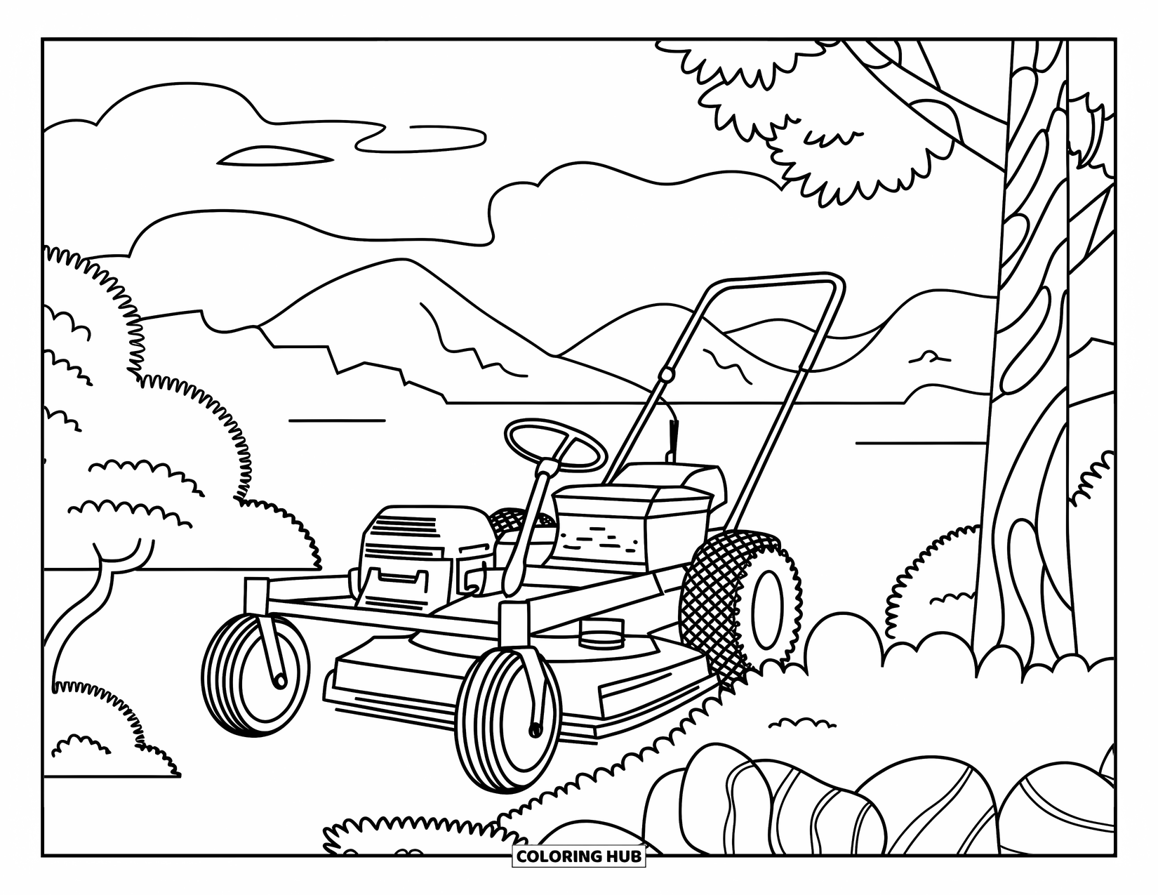 Lawn Mower Coloring Page for Adults: A vintage mower is surrounded by trees, mountains, and a calm body of water