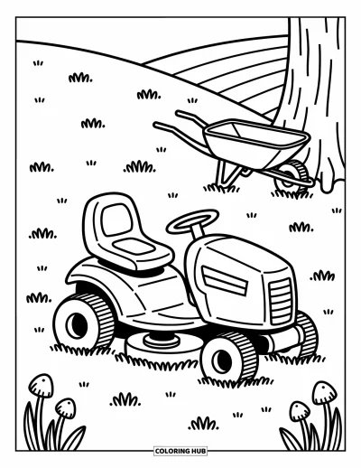 Coloriage de tondeuse à gazon pour adultes : Une brouette s'appuie contre un arbre à côté d'une tondeuse qui se repose dans un champ herbeux et paisible