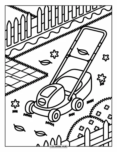 Coloriage de tondeuse à gazon pour adultes : Une cour fraîchement tondue avec une jolie tondeuse, un sentier en pierre et de petits buissons fleuris