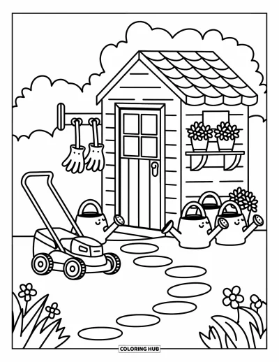 Coloriage de tondeuse à gazon pour adultes : Scène de cabane de jardin avec des gants, une tondeuse, des pots de fleurs et un sentier en pierre sinueux