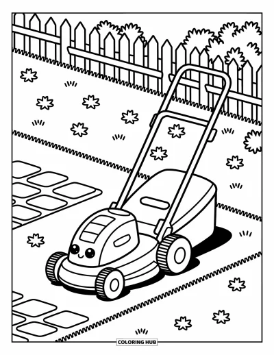 Coloriage de tondeuse à gazon pour adultes : Une tondeuse kawaii garée sur une pelouse tondue près d'un sentier en pierre et de petits buissons fleuris