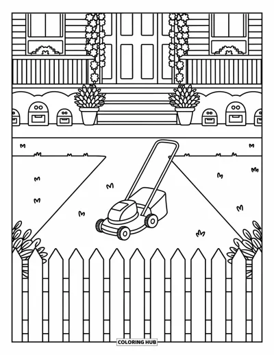 Coloriage de tondeuse à gazon pour adultes : Une tondeuse traverse une cour bien entretenue, encadrée par des plantes, des boîtes aux lettres et un joli porche