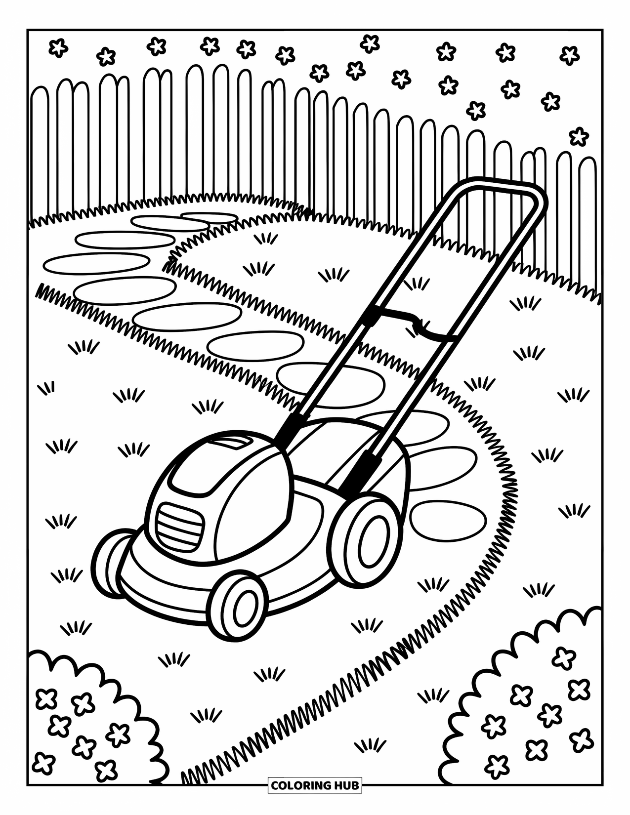 Lawn Mower Coloring Page for Adults: Lawn mower sits by flowered fences and scattered leaves on neatly trimmed grass