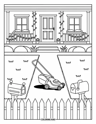 Coloriage de tondeuse à gazon pour adultes : Une tondeuse glisse sur la pelouse dans une cour avec un porche couvert de lierre et de petits détails de jardin
