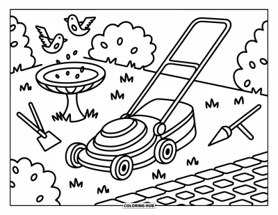Coloriage de tondeuse à gazon pour adultes : Une tondeuse posée sur la pelouse près d'un chemin en pavés, avec des outils de jardin et des oiseaux en vol