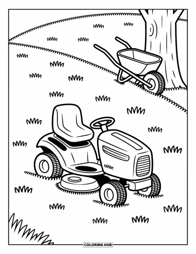 Coloriage de tondeuse à gazon pour adultes : Une tondeuse autoportée et une brouette se reposent dans un champ agréable parsemé de champignons et de fleurs