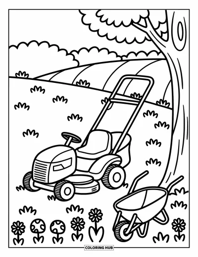 Coloriage de tondeuse à gazon pour adultes : Une tondeuse autoportée sur une colline avec des touffes d'herbe et une brouette penchée