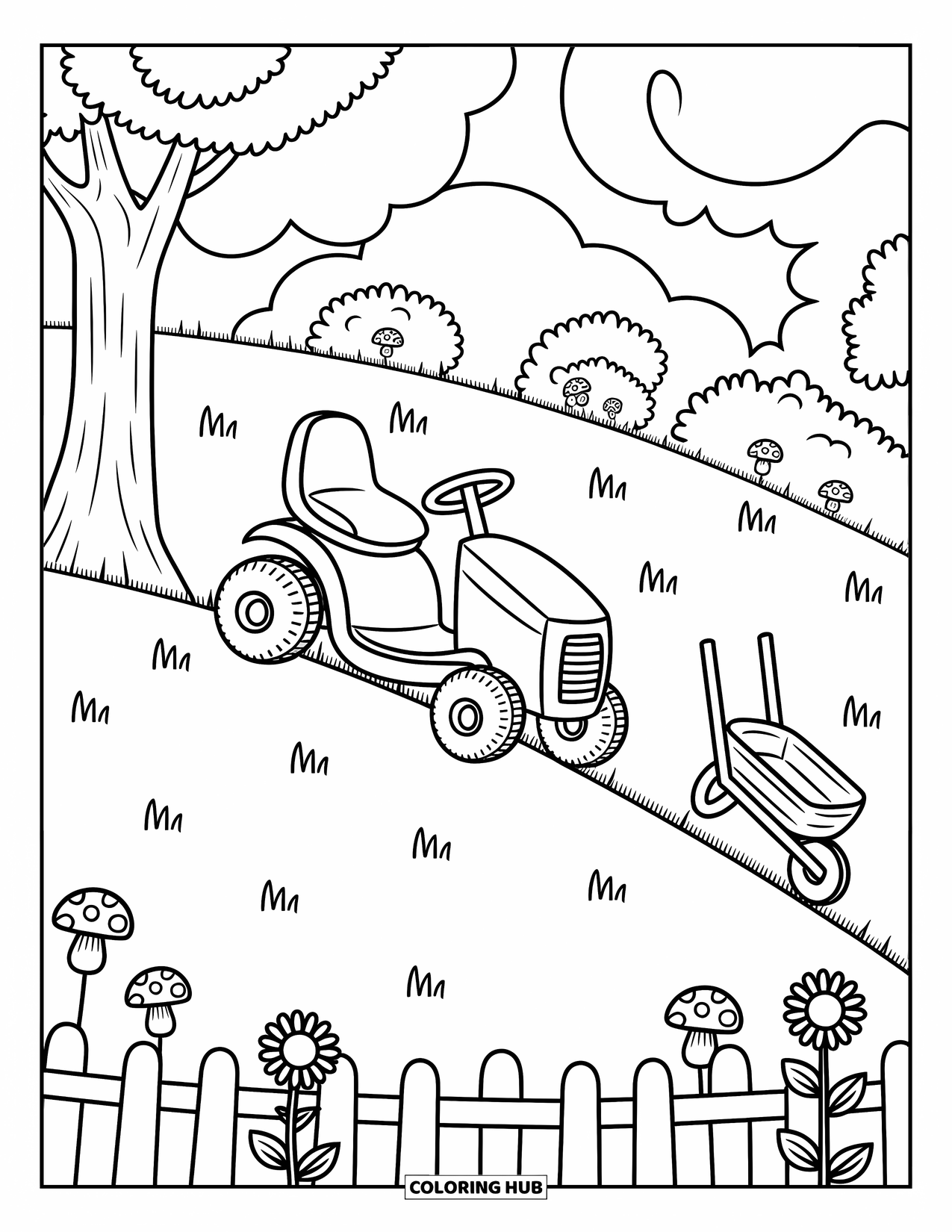 Lawn Mower Coloring Page for Adults: Simple mower on a hill, with sunflowers and a wheelbarrow under gently swaying trees