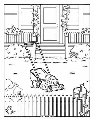 Coloriage de tondeuse à gazon pour adultes : Une petite tondeuse traverse une grande pelouse, entourée d'une clôture à barreaux et d'ornements de jardin fantaisistes